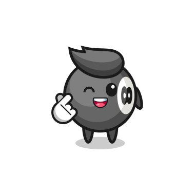 Bilardo karakteri Korece parmak kalbi yapıyor, şirin bir tasarım.