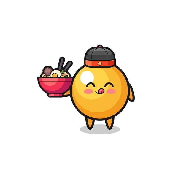 乒乓球作为中国厨师的吉祥物 拿着一个面条碗 可爱的设计 — 图库矢量图片
