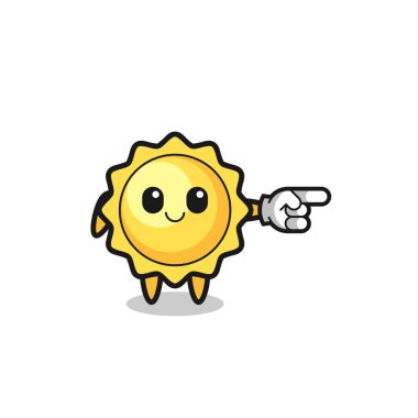 Güneş maskotu, işaret eden bir jest, şirin bir tasarım.