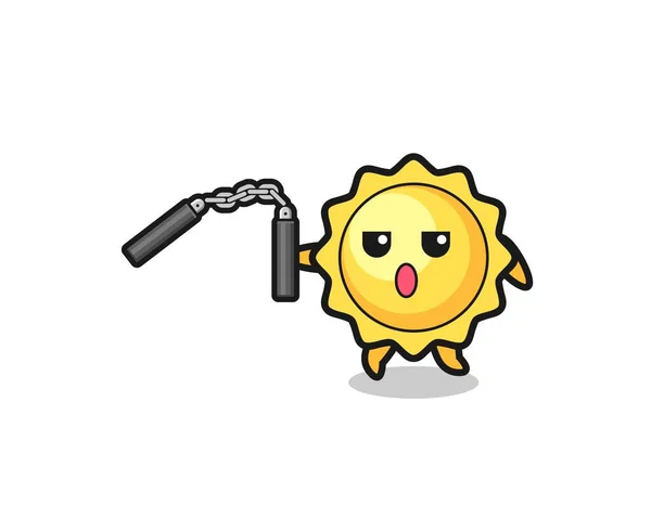 Γελοιογραφία Του Ήλιου Χρησιμοποιώντας Nunchaku Χαριτωμένο Σχεδιασμό — Διανυσματικό Αρχείο