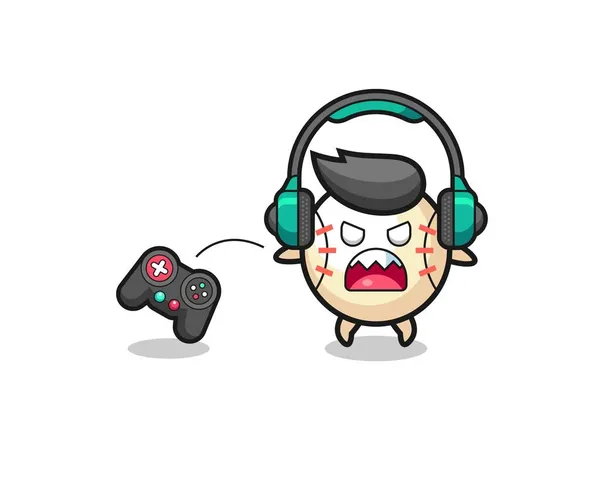 Honkbal Gamer Mascotte Met Een Game Controller Schattig Ontwerp — Stockvector