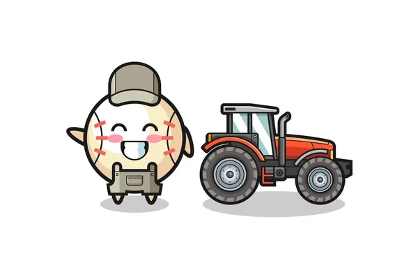 站在拖拉机旁边的棒球农民吉祥物 可爱的设计 — 图库矢量图片