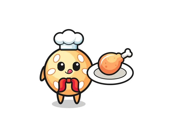 Bola Sésamo Frito Chef Pollo Personaje Dibujos Animados Lindo Diseño — Vector de stock