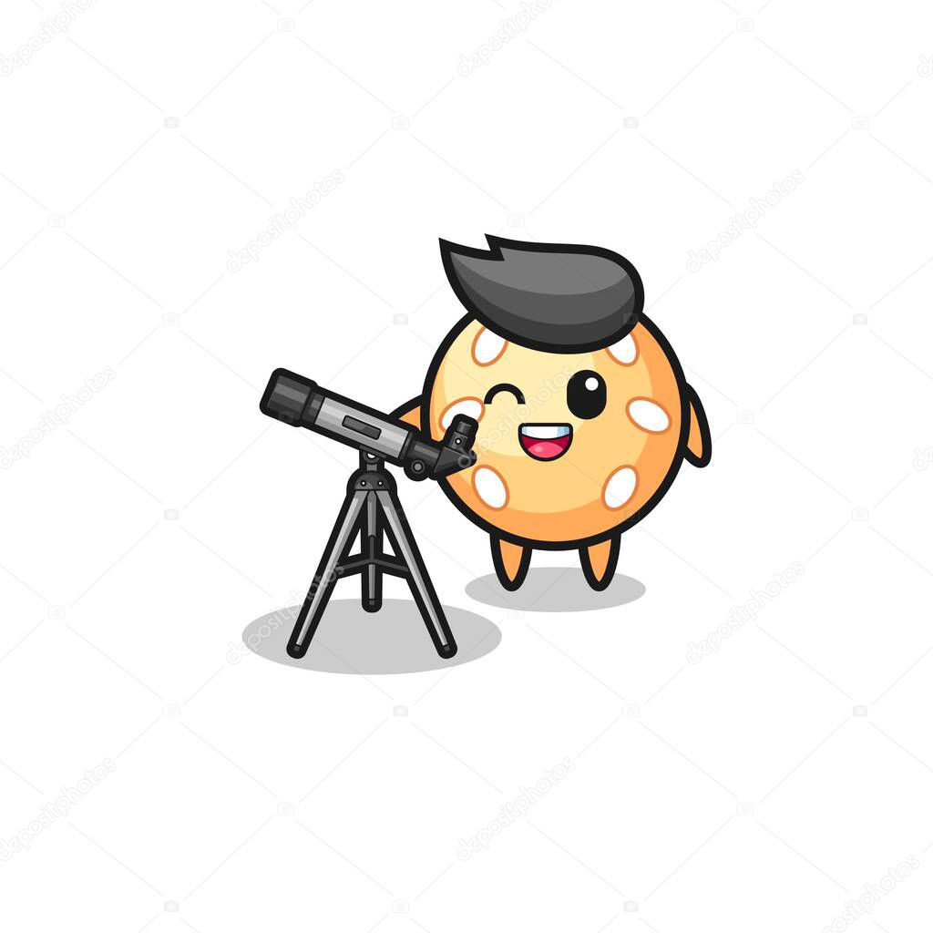 sesame ball astronomer mascot with a modern telescope , cute design