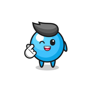 Sakız topu karakteri Korece parmak kalbi yapıyor, şirin tasarım.