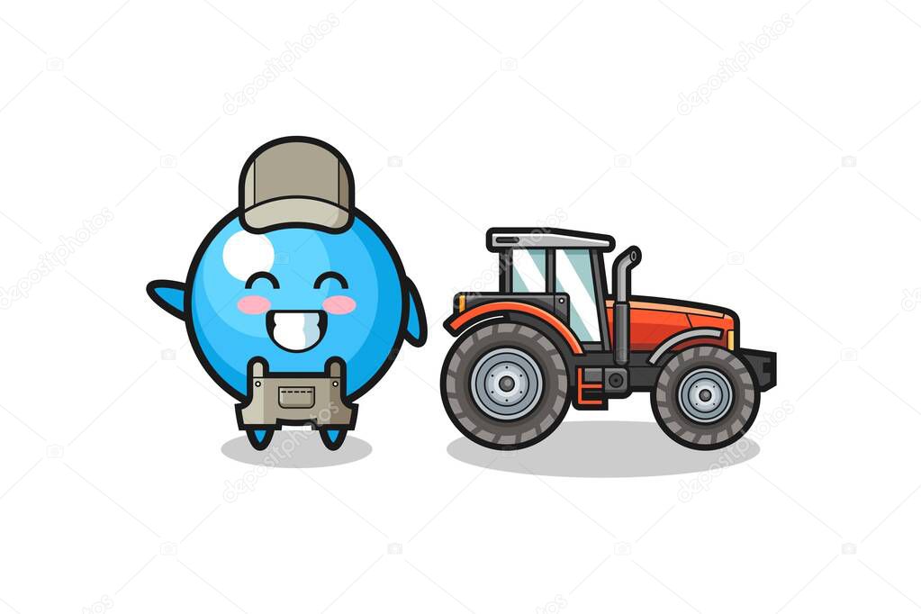 the gum ball farmer mascot standing beside a tractor , cute design