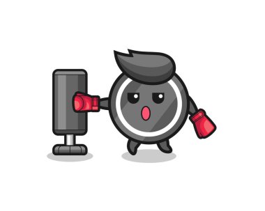 Hokey diski boksörü çizgi filmi kum torbasıyla antrenman yapıyor, şirin tasarım.