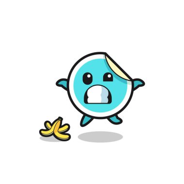 Çıkartma karikatürü muz kabuğuna basıyor, şirin tasarım.