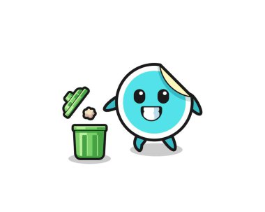 Çöp kutusuna çöp atan çıkartmanın resmi, şirin bir tasarım.