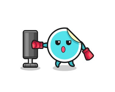 Çıkartmalı boksör çizgi filmi kum torbasıyla antrenman yapıyor, şirin tasarım.