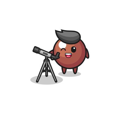 Modern teleskobu olan çikolata topu astronom maskotu, şirin bir tasarım.