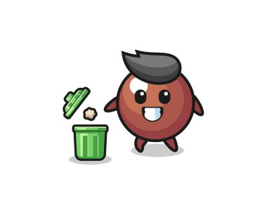 Çöp kutusuna çöp atan çikolata topunun çizimi, şirin bir tasarım.