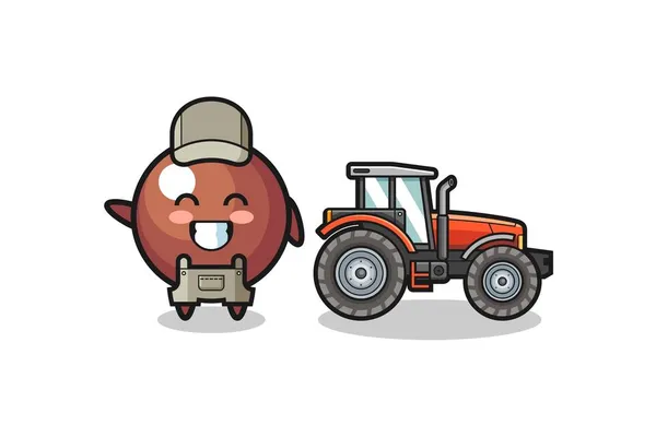 Chocolate Bola Granjero Mascota Pie Lado Tractor Lindo Diseño — Archivo Imágenes Vectoriales