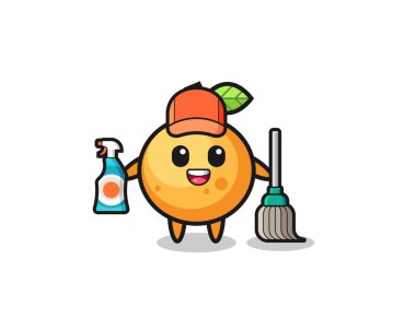 Tatlı turuncu meyve karakteri temizlik servisi maskotu, şirin tasarım.