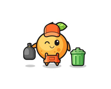 Tatlı portakal meyvelerinin maskotu çöp toplayıcısı, şirin tasarım.