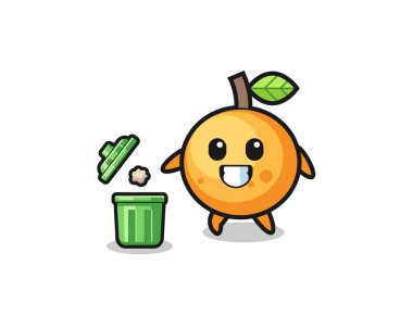 Çöp tenekesine çöp atan portakal meyvesinin çizimi, şirin bir tasarım.