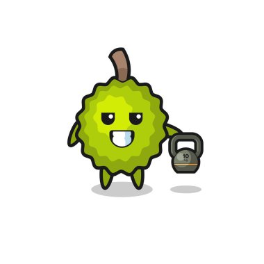 Durian maskotu salonda kettlebell kaldırıyor, şirin bir tasarım.