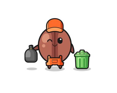 Tatlı kahve çekirdeğinin maskotu çöp toplayıcı olarak, şirin tasarım.