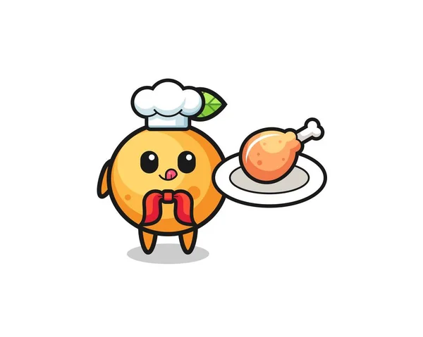 Naranja Fruta Frito Pollo Chef Personaje Dibujos Animados Lindo Diseño — Vector de stock