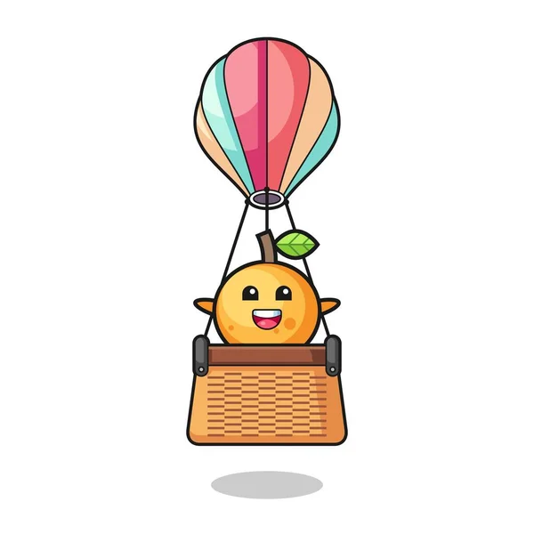 橙色水果吉祥物乘坐热气球 可爱的设计 — 图库矢量图片
