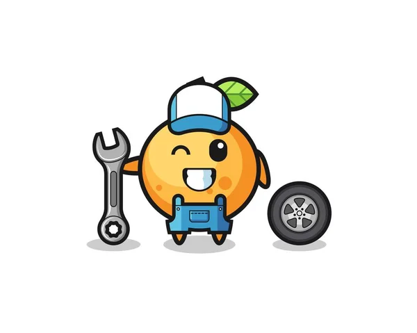 Orange Fruit Character Mechanic Mascot Cute Design — Stock Vector