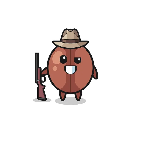 Coffee Bean Hunter Mascot Holding Gun Cute Design — Stock Vector