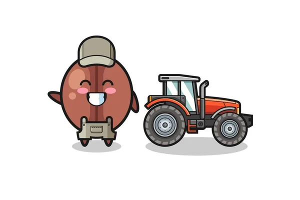 Mascota Agricultor Grano Café Pie Junto Tractor Lindo Diseño — Archivo Imágenes Vectoriales