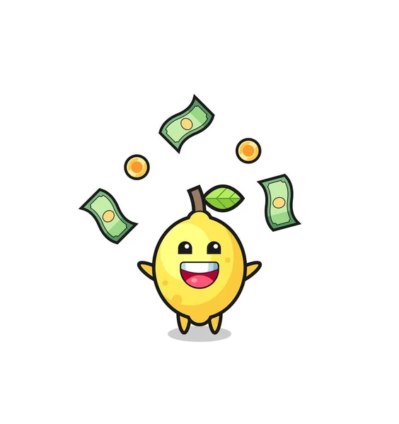 Иллюстрация Лимона Ловить Деньги Падающие Неба Милый Дизайн — стоковый вектор