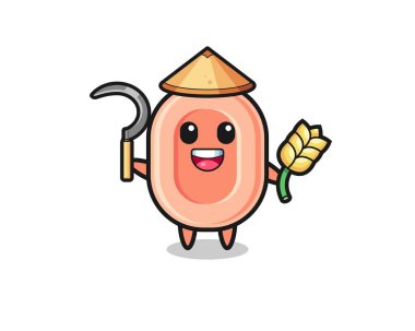 Asyalı sabun çiftçisi çeltik tutuyor, şirin tasarım.