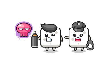 Şeker küpü karikatürü vandalizm yapıyor ve polis tarafından yakalandı, şirin bir tasarım.