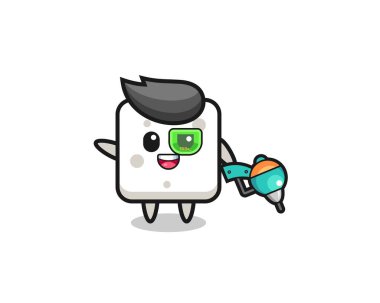 Şeker küpü çizgi filmi geleceğin savaşçı maskotu, şirin tasarım.