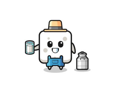 Süt çiftçisi rolünde şeker küpü çizgi filmi, şirin tasarım.