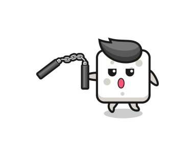 Nunchaku kullanan şeker küpü çizgi filmi, şirin tasarım.