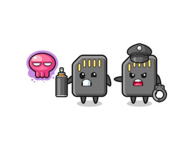 Hafıza kartı karikatürü vandallık yapıyor ve polis tarafından yakalandı, şirin bir tasarım.