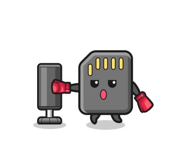 Hafıza kartı boksörü çizgi filmi kum torbasıyla antrenman yapıyor, şirin tasarım.