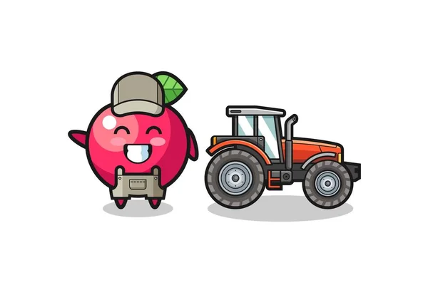 站在拖拉机旁边的苹果农民吉祥物 可爱的设计 — 图库矢量图片