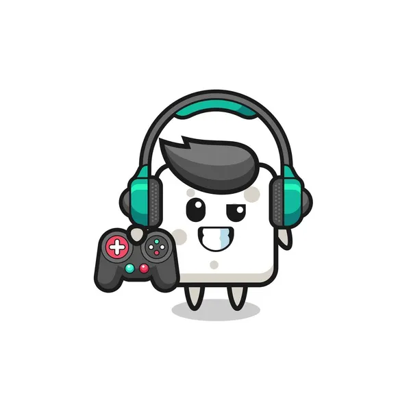 Azúcar Cubo Gamer Mascota Celebración Controlador Juego Lindo Diseño — Vector de stock