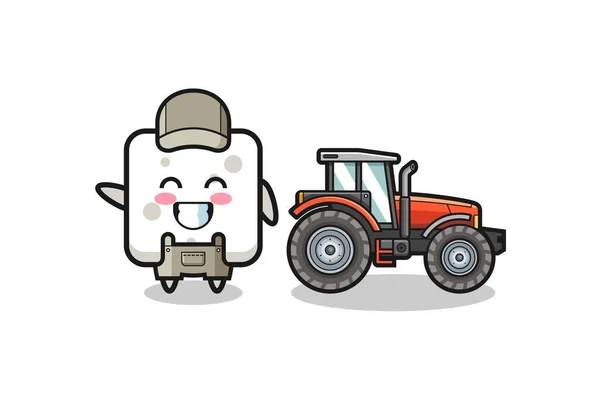 Şeker Küplü Çiftçi Maskotu Bir Traktörün Yanında Duruyor Şirin Bir — Stok Vektör
