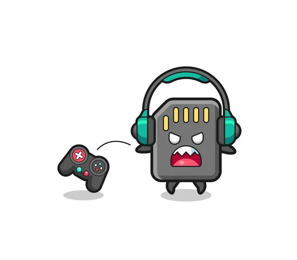 Geheugenkaart Gamer Mascotte Boos Schattig Ontwerp — Stockvector