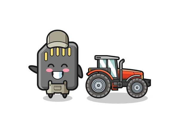 Die Speicherkarte Bauernmaskottchen Neben Einem Traktor Niedliches Design — Stockvektor