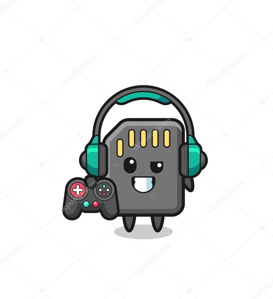 memory card gamer mascot holding a game controller , cute design