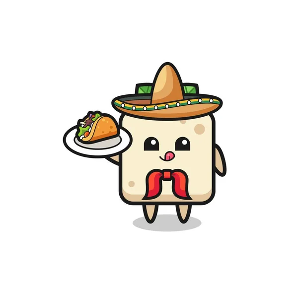 Tofu Mexikansk Kock Maskot Håller Taco Söt Design — Stock vektor