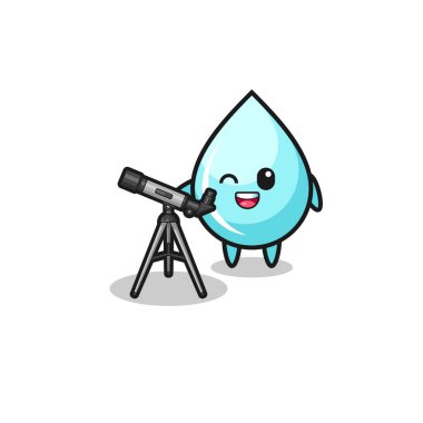Su damlası astronom maskotu modern bir teleskop, şirin bir tasarım.
