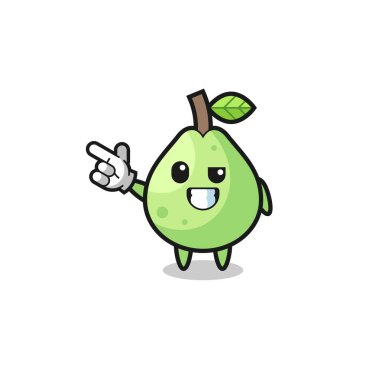 guava maskotu sol üst tarafı işaret ediyor, şirin tasarım.