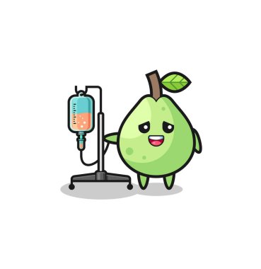 Şirin guava karakteri, infüzyon direğiyle duruyor, şirin tasarım.