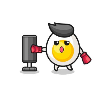 Haşlanmış yumurta boksörü çizgi filmi kum torbasıyla antrenman yapıyor, şirin bir tasarım.