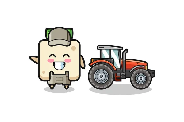 Mascote Agricultor Tofu Lado Trator Projeto Bonito — Vetor de Stock