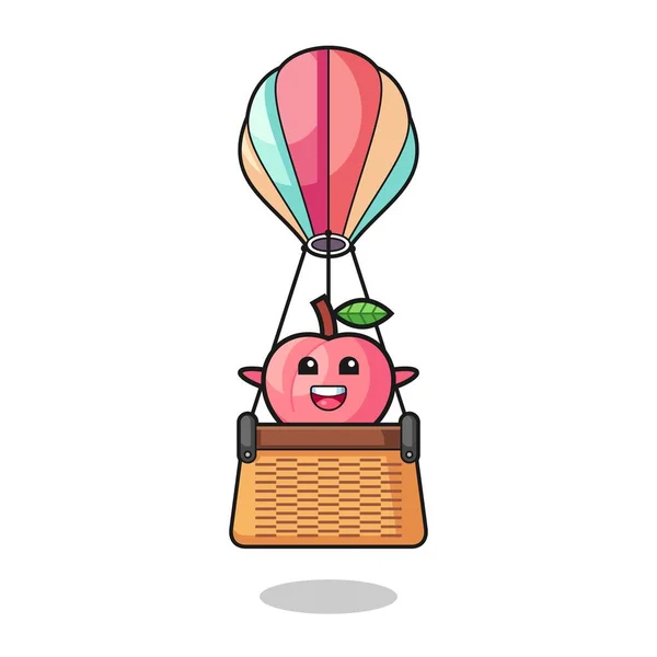 熱気球に乗る桃のマスコット可愛いデザイン — ストックベクタ