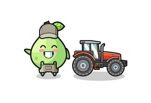 Mascota Guayaba Agricultor Pie Junto Tractor Lindo Diseño — Vector de stock