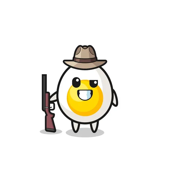 Boiled Egg Hunter Mascot Holding Gun Cute Design — Stock Vector